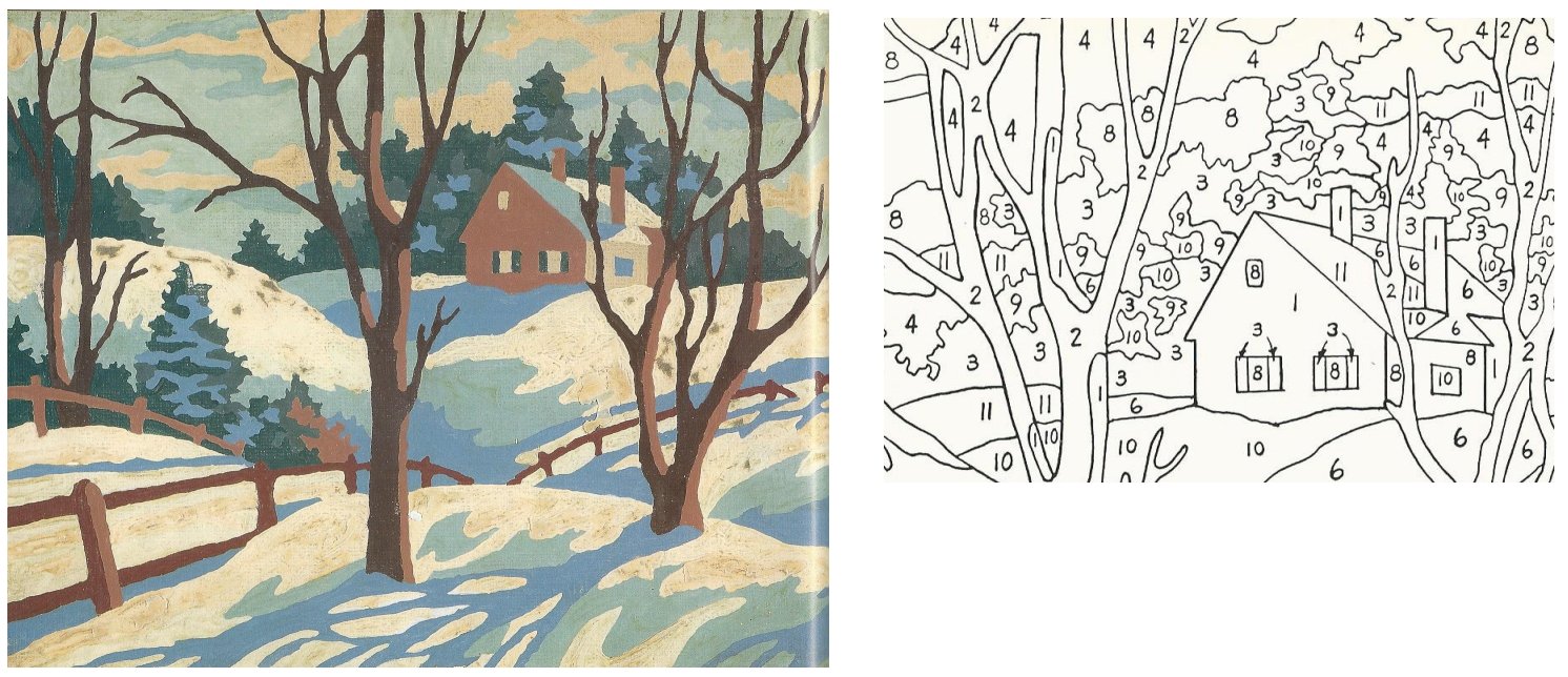Paint-by-numbers image of a house in the countryside, before and after painting. Image from from Paint by Number: The How-To Craze that Swept the Nation by William L. Bird, via https://simanaitissays.com/2014/09/05/by-the-numbers/.